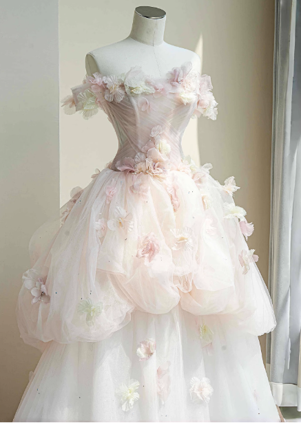 Dreamy Pink-White Off-The-Shoulder 3D Floral Tulle Long Ball Gown Evening Dress Sweet 16 Dress