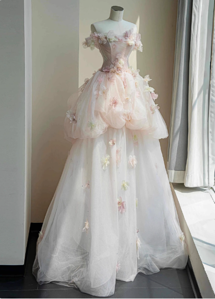 Dreamy Pink-White Off-The-Shoulder 3D Floral Tulle Long Ball Gown Evening Dress Sweet 16 Dress Main image