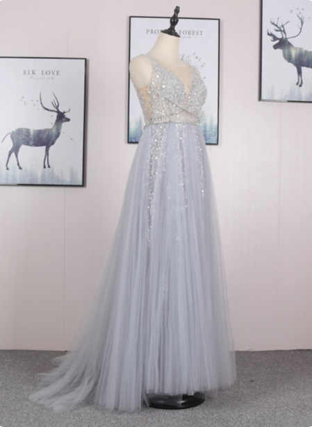 Dreamy Princess A-Line V-Neck Train Sequin Tulle Prom Dress Evening Dress Secondary image