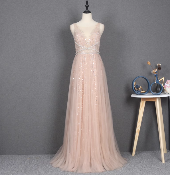 Dreamy Princess A-Line V-Neck Train Sequin Tulle Prom Dress Evening Dress