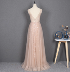 Dreamy Princess A-Line V-Neck Train Sequin Tulle Prom Dress Evening Dress