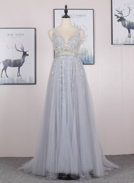 Dreamy Princess A-Line V-Neck Train Sequin Tulle Prom Dress Evening Dress Main image