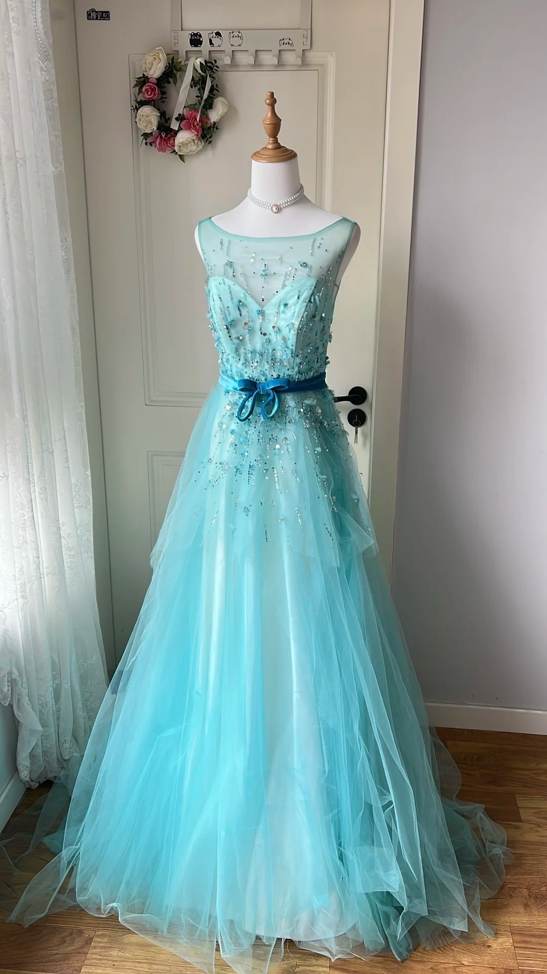 Dreamy Princess Blue A-Line Round Neck Sequined Tulle Long Prom Dress Evening Dress Secondary image