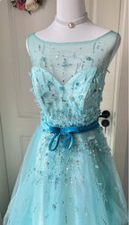 Dreamy Princess Blue A-Line Round Neck Sequined Tulle Long Prom Dress Evening Dress