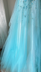Dreamy Princess Blue A-Line Round Neck Sequined Tulle Long Prom Dress Evening Dress