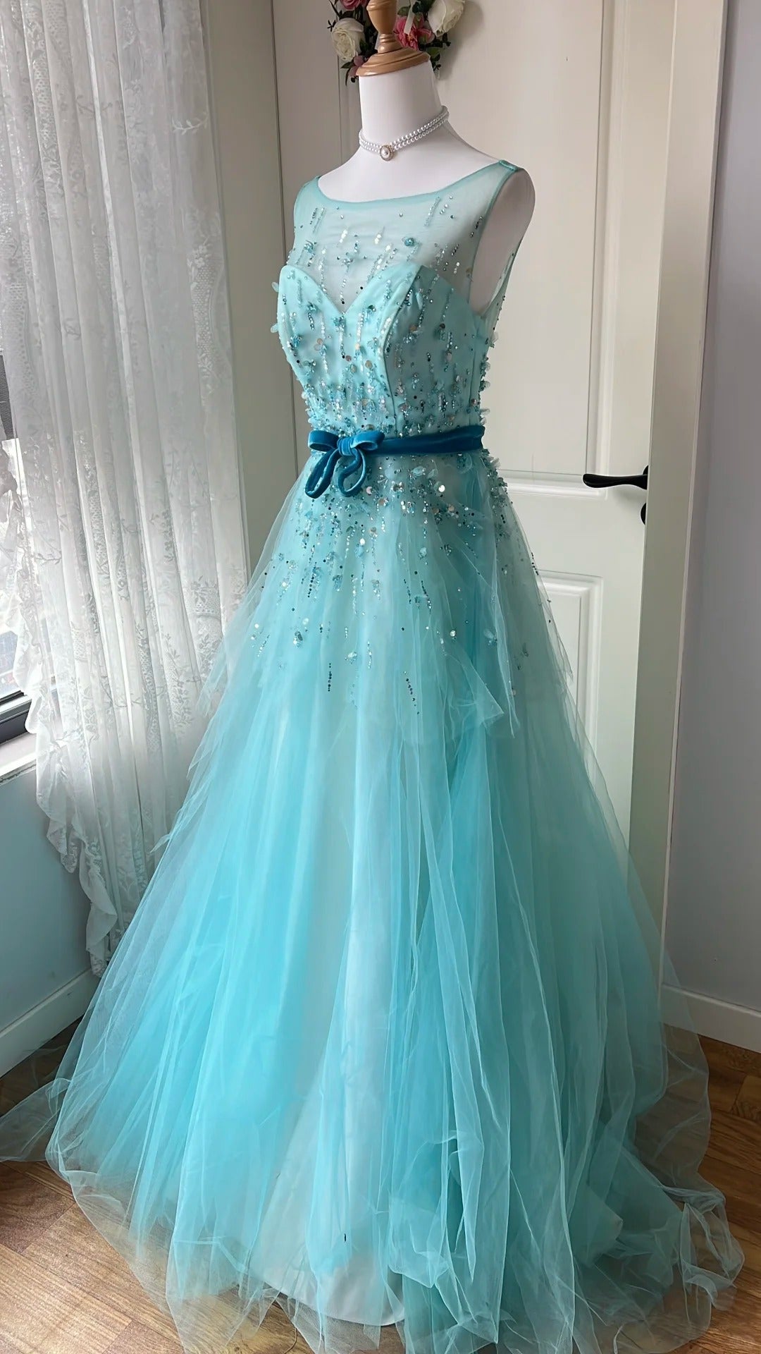 Dreamy Princess Blue A-Line Round Neck Sequined Tulle Long Prom Dress Evening Dress