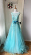 Dreamy Princess Blue A-Line Round Neck Sequined Tulle Long Prom Dress Evening Dress