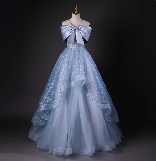Dreamy Princess Blue Off-Shoulder Oversized Bow Tulle Long Ball Gown Evening Dress Sweet 16 Dress Secondary image