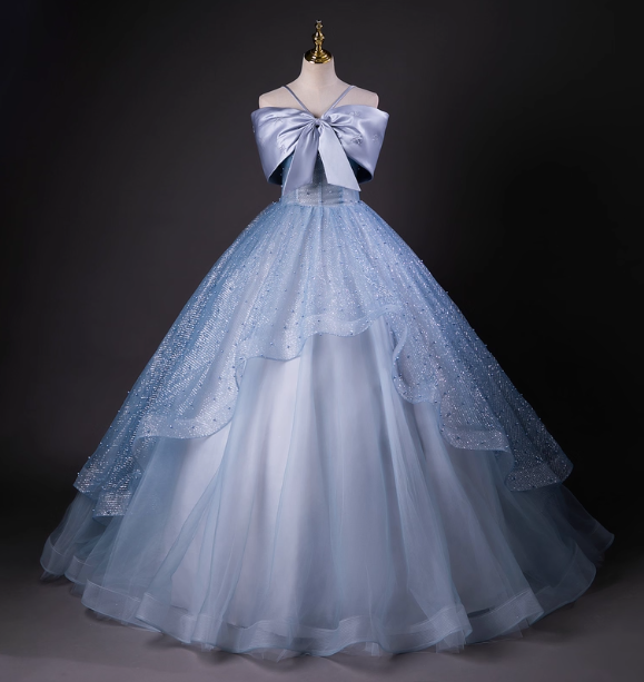Dreamy Princess Blue Off-Shoulder Oversized Bow Tulle Long Ball Gown Evening Dress Sweet 16 Dress Main image