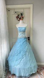 Dreamy Princess Blue Strapless Embroidered Tulle Ball Gown Evening Dress Sweet 16Th Birthday Dress