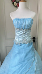 Dreamy Princess Blue Strapless Embroidered Tulle Ball Gown Evening Dress Sweet 16Th Birthday Dress