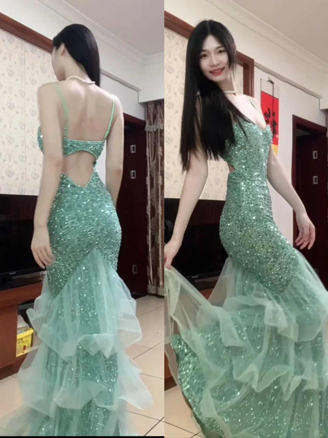 Dreamy Princess Mint Green Mermaid Spaghetti Strap Backless Sequined Long Prom Dress Evening Dress