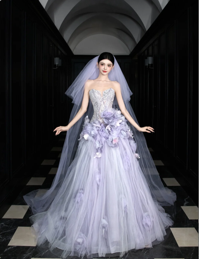 Dreamy Purple Strapless 3D Floral Tulle Train Ball Gown Evening Dress
