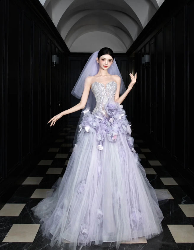 Dreamy Purple Strapless 3D Floral Tulle Train Ball Gown Evening Dress