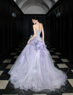 Dreamy Purple Strapless 3D Floral Tulle Train Ball Gown Evening Dress