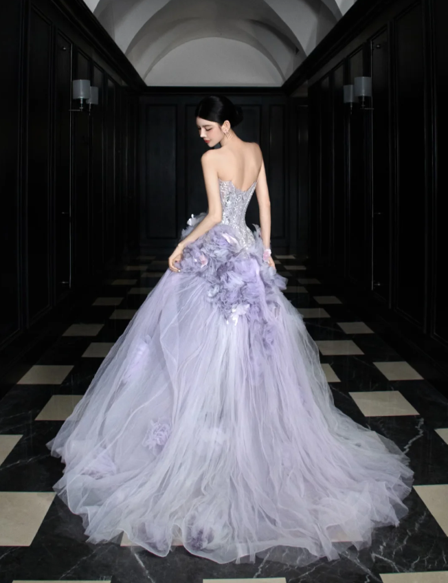 Dreamy Purple Strapless 3D Floral Tulle Train Ball Gown Evening Dress