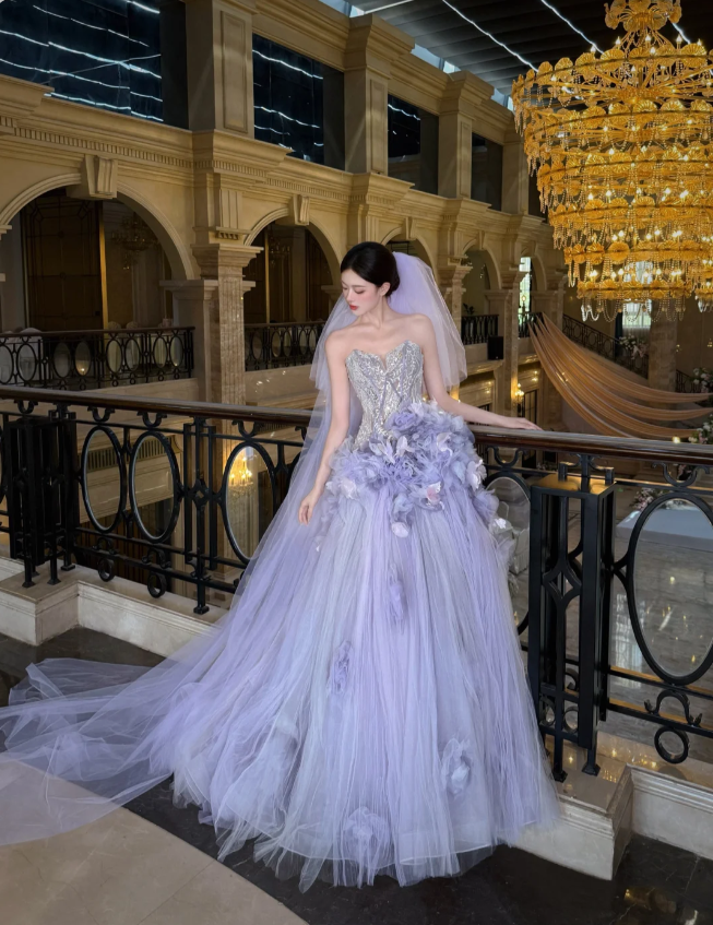 Dreamy Purple Strapless 3D Floral Tulle Train Ball Gown Evening Dress