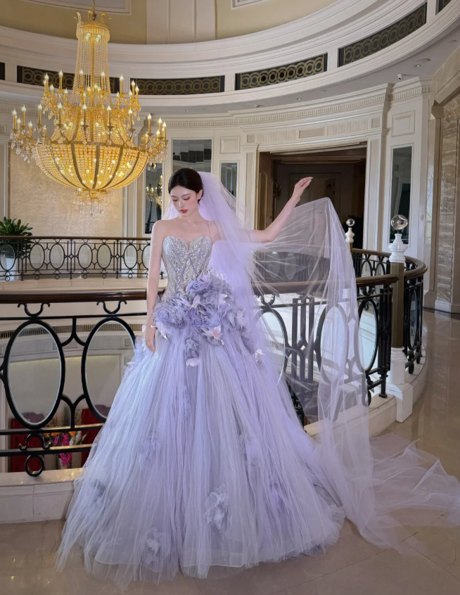 Dreamy Purple Strapless 3D Floral Tulle Train Ball Gown Evening Dress