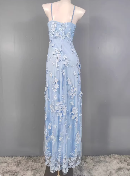 Dreamy Sky Blue A-Line Spaghetti Strap Deep V 3D Floral Tulle Long Prom Dress Evening Dress