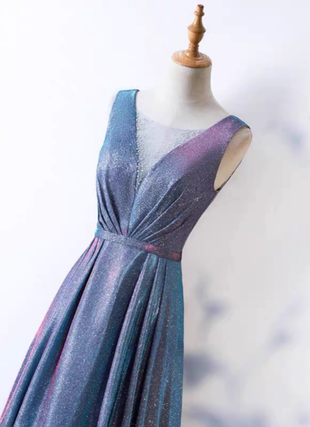 Dreamy Starry Sky Gradient Purple-Blue V-Neck Satin Long Prom Dress Evening Dress