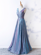 Dreamy Starry Sky Gradient Purple-Blue V-Neck Satin Long Prom Dress Evening Dress