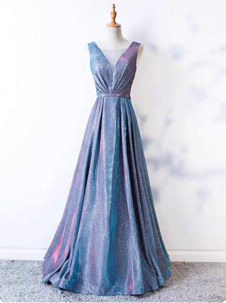 Dreamy Starry Sky Gradient Purple-Blue V-Neck Satin Long Prom Dress Evening Dress