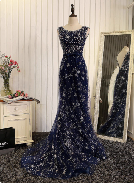 Dreamy Starry Sky Navy Blue A-Line Crew Neck Star-Patterned Tulle Trai –  Frisco Dresses