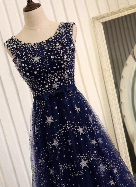 Dreamy Starry Sky Navy Blue A-Line Crew Neck Star-Patterned Tulle Train Prom Dress Evening Dress