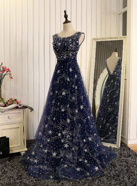 Dreamy Starry Sky Navy Blue A-Line Crew Neck Star-Patterned Tulle Train Prom Dress Evening Dress