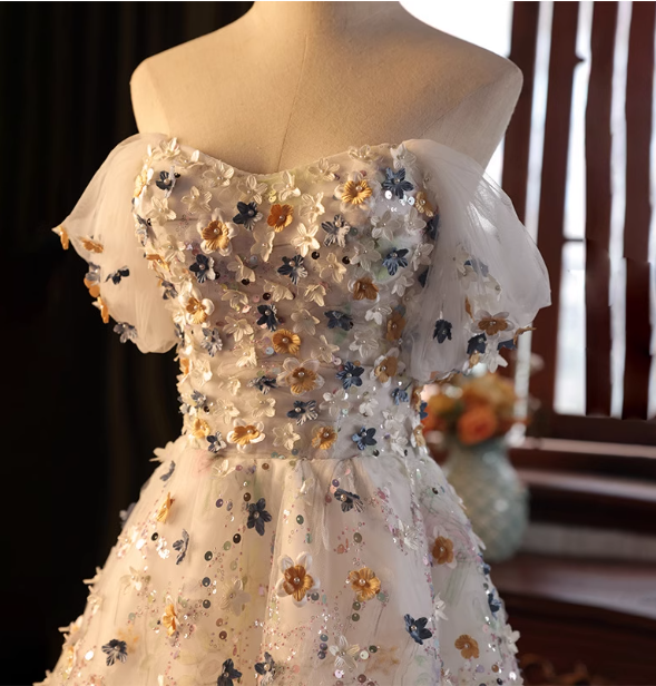 Dreamy White A-Line Off-The-Shoulder 3D Floral Sequined Tulle Long Prom Dress Evening Dress Secondary image