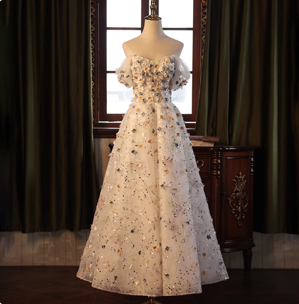 Dreamy White A-Line Off-The-Shoulder 3D Floral Sequined Tulle Long Prom Dress Evening Dress