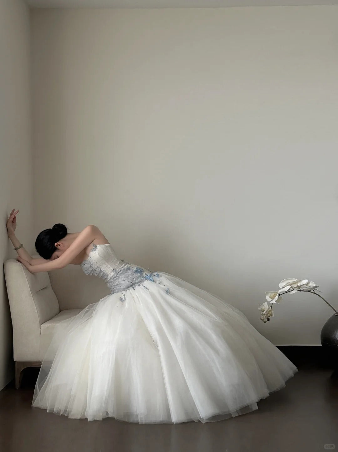 Dreamy White And Blue Gradient A-Line Strapless Tulle Long Prom Dress Wedding Dress