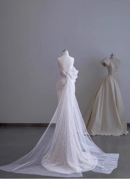 Dreamy White Mermaid Spaghetti Strap Open Back Tulle Train Prom Dress Evening Dress