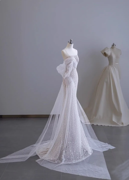Dreamy White Mermaid Spaghetti Strap Open Back Tulle Train Prom Dress Evening Dress Main image