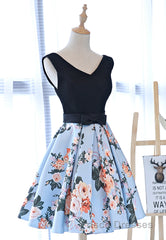 Cute V-Neck Floral Formal Prom Dress, A-Line Homecoming Dress