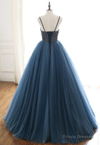 Blue Tulle Long Prom Dresses, A-Line Evening Dresses with Beading