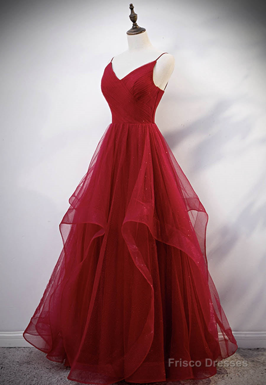 Burgundy Tulle Long Prom Dresses, V-Neck Evening Dress Secondary image