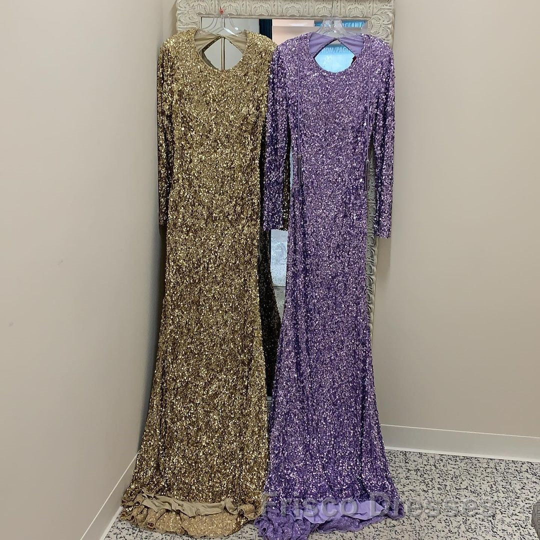 Modest Long Sleeves Sequins Mermaid Formal Prom Dress