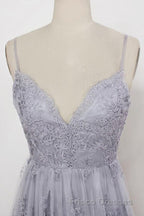 Spaghetti Straps Long Lace Formal Prom Gown, A Line V Neck Sleeveless Formal Prom Dress