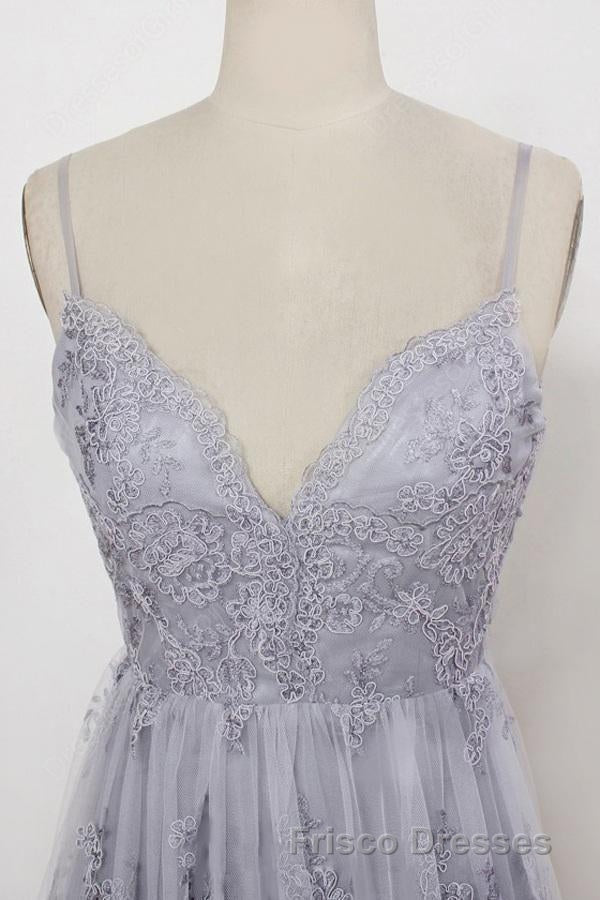 Spaghetti Straps Long Lace Formal Prom Gown, A Line V Neck Sleeveless Formal Prom Dress