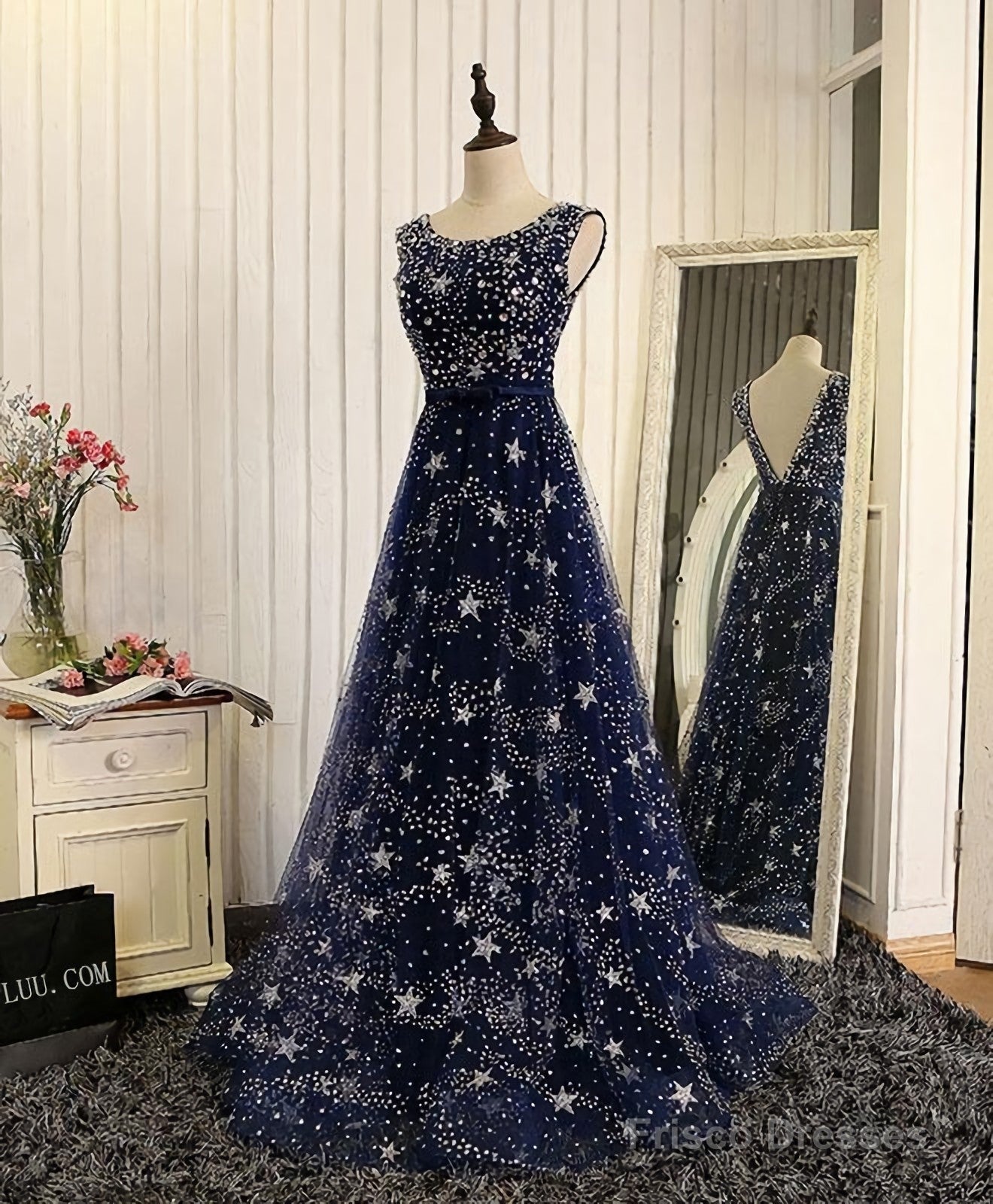 Blue Beaded Sequins Long Prom Dress, Blue Evening Dress