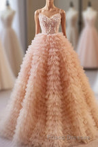 Unique V Neck Tulle Sequin Orange Pink Long Formal Prom Dress, Orange Pink Sweet 16 Dress