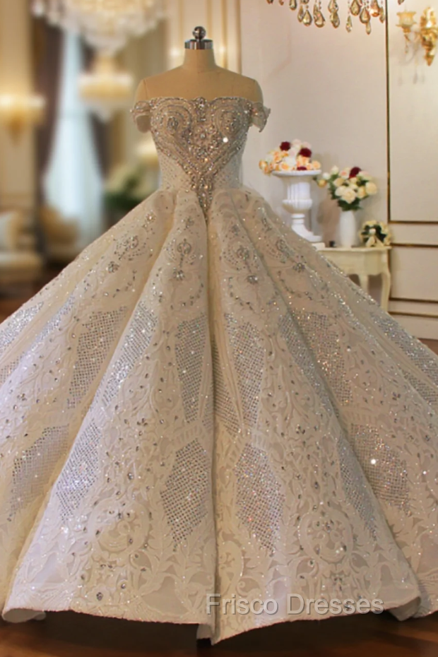 Dubai Tulle Sequins Off the Shoulder Beading Crystal Wedding Dress