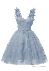 Dusty Blue 3D Butterfly Lace Applique Tulle Homecoming Dress for Teens Sweetheart Mini Short Prom Dresses
