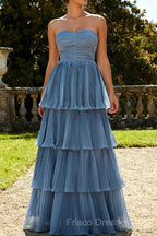 Dusty Blue A-Line Strapless Pleated Tiered Long Bridesmaid Dress