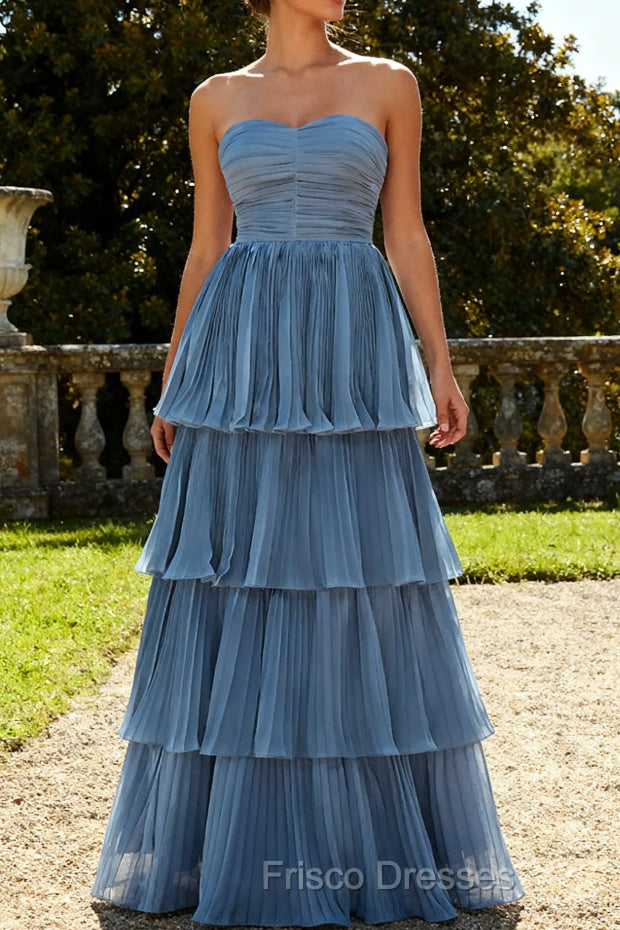 Dusty Blue A-Line Strapless Pleated Tiered Long Bridesmaid Dress