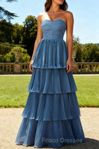 Dusty Blue A-Line Strapless Pleated Tiered Long Bridesmaid Dress