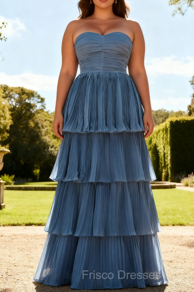 Dusty Blue A-Line Strapless Pleated Tiered Long Bridesmaid Dress