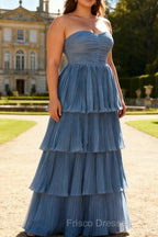Dusty Blue A-Line Strapless Pleated Tiered Long Bridesmaid Dress