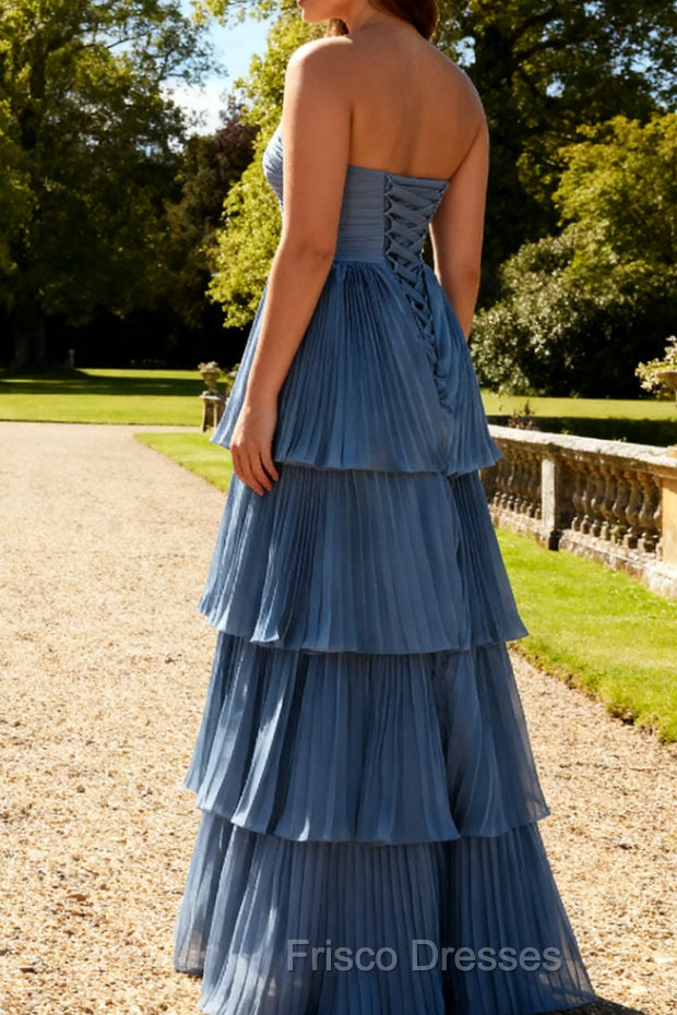 Dusty Blue A-Line Strapless Pleated Tiered Long Bridesmaid Dress